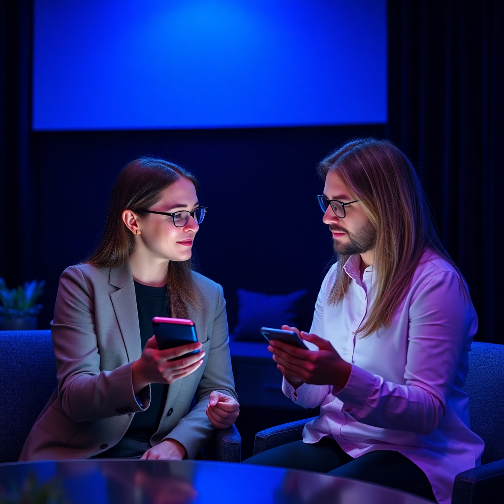 Two people sitting and looking at their phones, illuminated by colorful light.